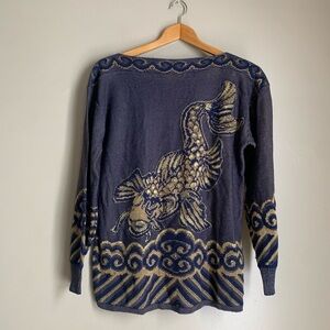 CHELSEA COLLECTION  SWEATER NAVY/GOLD Metallic EMBELLISHED KOI Medium Israel Vtg